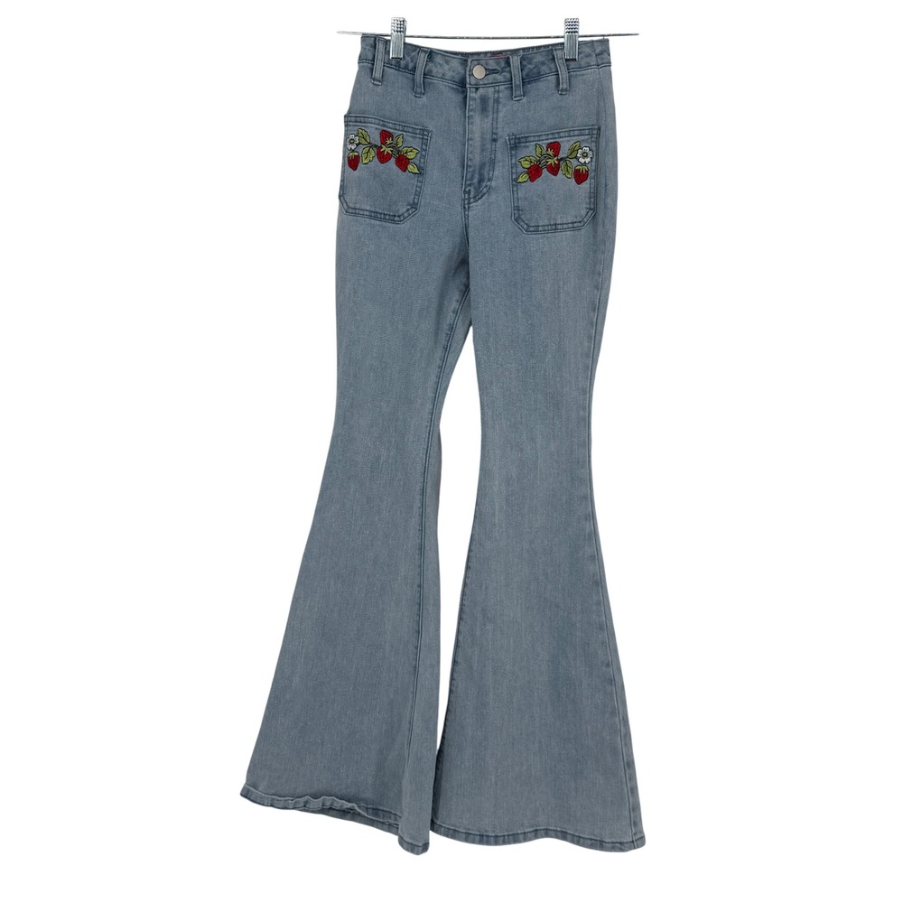 Dolls Kill x Strawberry Shortcake Light Wash Embroidered Flare Jeans Small